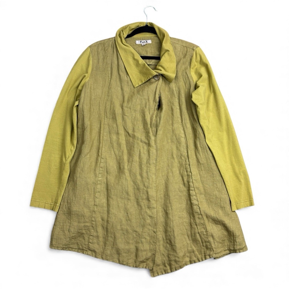 FLAX Oversized‎ Jacket Cardigan Coat Women's Size P Green Linen Lightweight